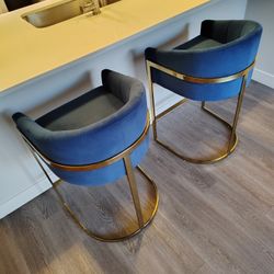 Blue Velvet Upholstered Bar Stools. Set of 2