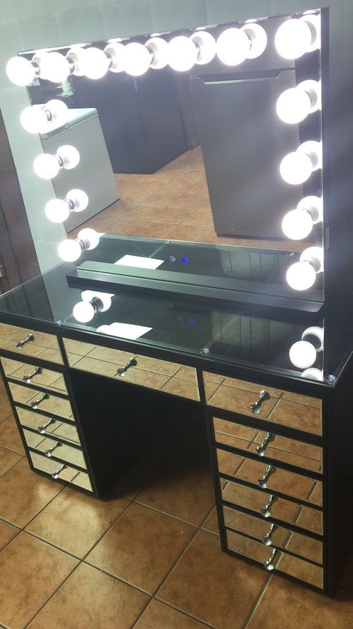 Black Vanity Makeup Table With Bluetooth Speakers and LED Lights Brand New