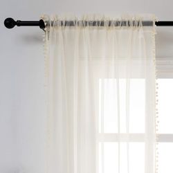 Linen Look Pom Pom Tasseled Sheer Curtains Rod Pocket Voile Semi-Sheer Set of 2 Curtain Panels 52 x 63 inch Ivory