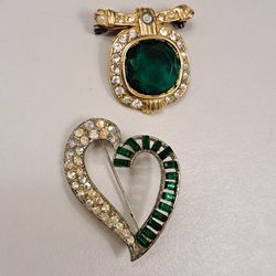2 Vintage Brooches Aurora Borealis & Green Glass Heart/pave stones Green Glass