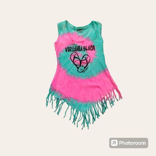 Happy Kids Virginia Beach Girls Neon tiedye sleeveless Fringe Tank Top Girl M