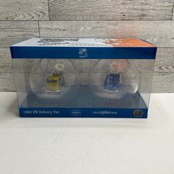 M2 Machines Blue / Yellow ‘1960 VW Delivery Van • Power From EMPI For A Fast Getaway • Christmas Ornaments, 2 Pack