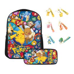 Pokemon Backpack with Pencil Schoolbag for Girls Boys with random one keychains.