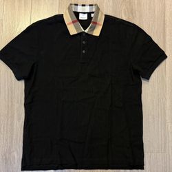 Burberry Black Polo Shirt - Check Collar - Size Large