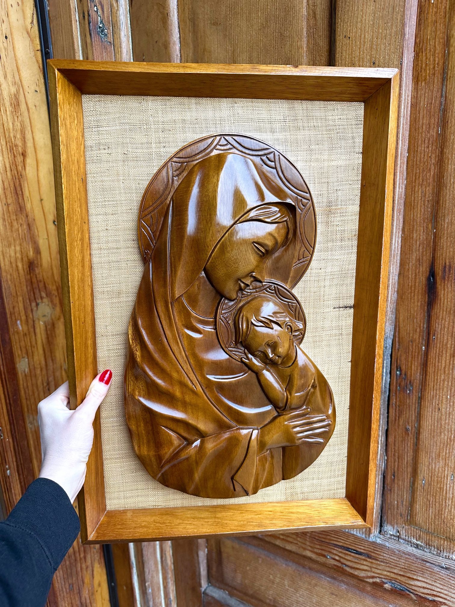 Vintage Madonna & Baby Jesus Artwork Carved Wood 