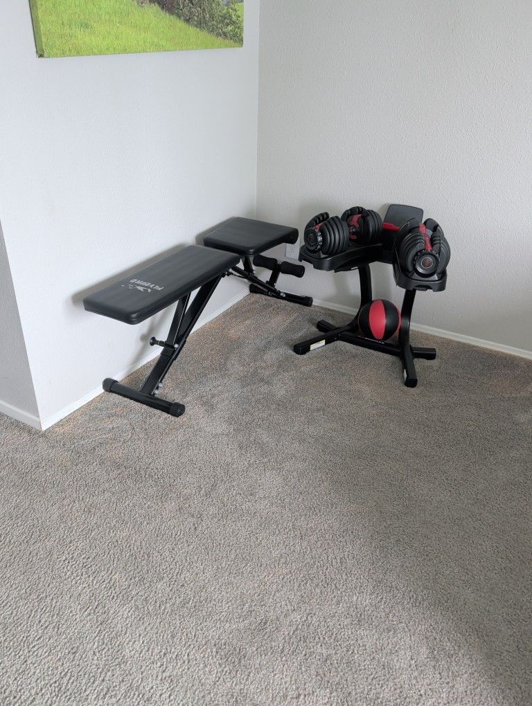 Bowflex Adjustable Dumbbells (52.5 Lbs) W/ Media Stand & Bench