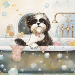 Shih Tzu in the Bath Poster Print | Shih Tzu Gift | Shih Tzu Watercolor | Ready to Hang