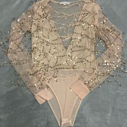Sequin Embellished Sheer Bodysuit - Gold