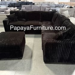 New! Black Corduroy Sectional Couch, Sectional And Ottoman, Plush Sectional, Think Corduroy Sectional And Ottoman, Sofa, Couch, Ottoman, Black Sofa