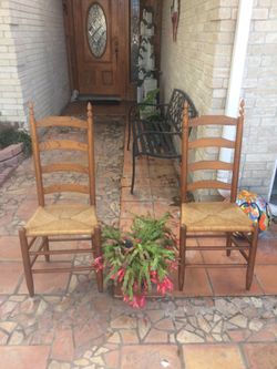 2 ladder back wooden chairs with rush woven seats vintage