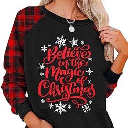 Believe Christmas T-Shirt Women Believe In The Magic Of Christmas Plaid Shirt Baseball Raglan Splicing Tee Tops XXL