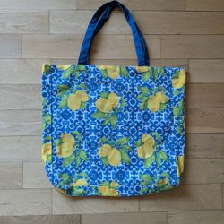 New Amalfi Italy Lemon Majolica Print XL Cotton Tote Bag 18"x20"x5". Handmade in Italy. Stunning! Double Handles, inside Pocket. Quintessential Italia