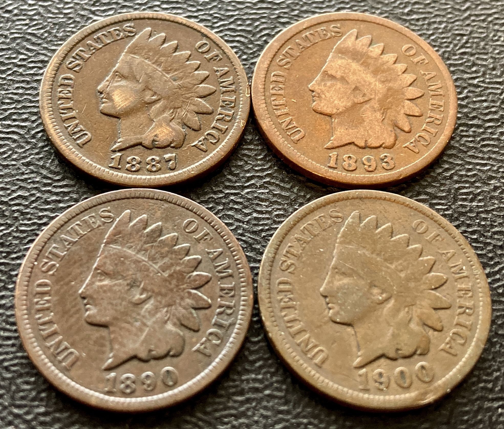 Four (4) Indian Head Pennies Vintage Penny Antique US Cent Coins Over 100 Years Old