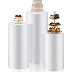3 Pcs Cylinder Stands for Party, PVC Large White Cake Pedestal Stand, Round Reusable Dessert Display Tables for Birthday Wedding Baby Shower Decoratio