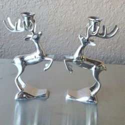 2 Vtg Leaping Reindeer Candle Holders Silver Metal 8"X4"(each)