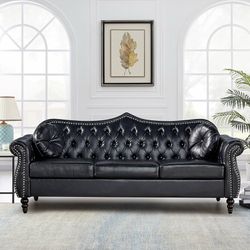 Three Seater Sofa, Mid-Century Modern Faux Leather 3-Seater Upholstered Couch, Tufted Living Room Sofa