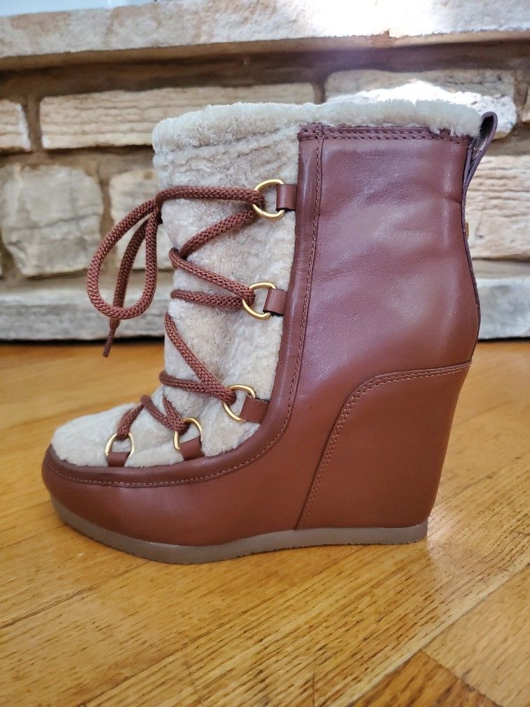 Veronica Beard Elfred Leather Shearling Lace-Up Bootie Platform Women US Size 5.5 NEW