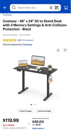 48" × 24" Black Sit to Standing Desk with 3 Memory Settings (New!)