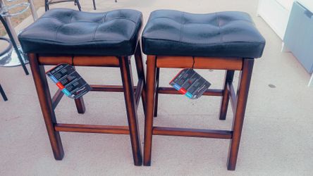 Counter Height Bar Stools Set of 2-24 Inch Backless Saddle Barstools with 4.3" Thick Upholstered, Nailhead Trim Faux Leather & Solid Wood Legs, Counte