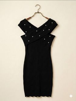 Black Knit Bodycon Dress with Pearl Embellishments