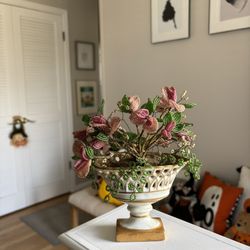 Vintage Beaded Flower Arrangement in Ceramic Vase 