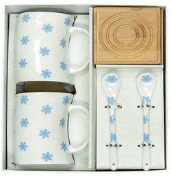 6 pc Mug Set w/ Spoons & Wooden Coasters