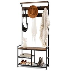 3-in-1 Coat Rack Industrial Hall Tree Shoe Bench Entryway Storage Shelf with Hooks hw54173