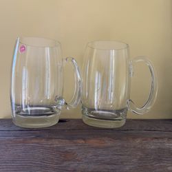 2 Glass Beer Mugs Applied Handle Romania 50 Years Old