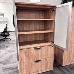 New - Storage Cabinet With Built-in Lateral File Drawers & Glass Doors