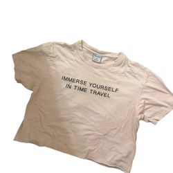 Immerse yourself in time travel cotton pink cropped t shirt women’s large