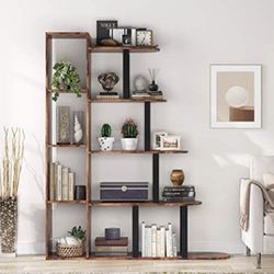 (NEW) 5 Tier Bookshelf Ladder Bookcase, Vintage Industrial Display Shelf Etagere Bookcase Open Shelves for Living Room or Office ( Wood & Metal) (Rust
