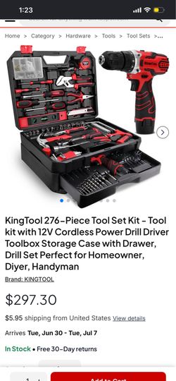 KingTool 276-Piece Tool Set Kit - Tool kit with 12V Cordless Power Drill Driver Toolbox Storage Case with Drawer, Drill Set Perfect for Homeowner, Diy