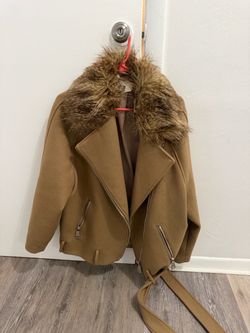 Camel Moto Jacket with Faux Fur Collar