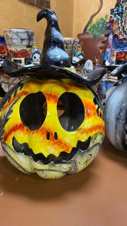 Ceramic Halloween Jack-o'-Lantern with Witch Hat