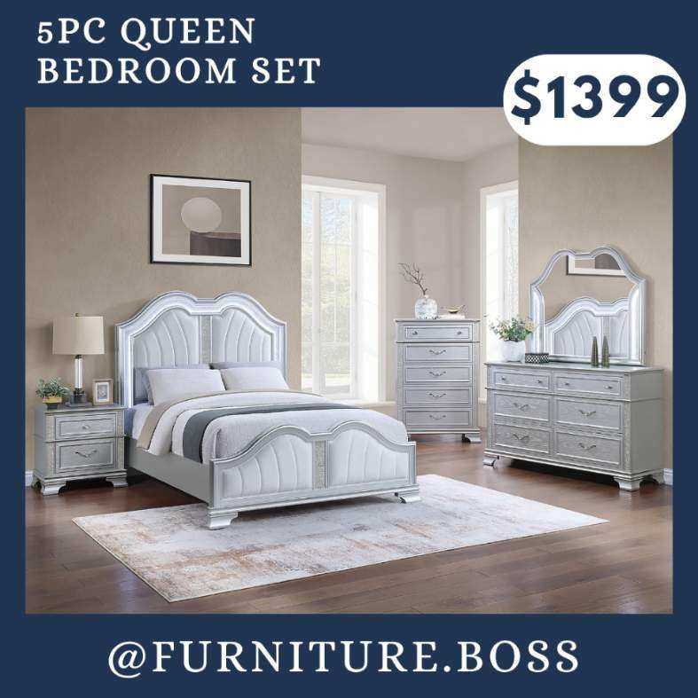 5pc Queen Bedroom Set - Bed Dresser Mirror Nightstand Tall Chest $1399