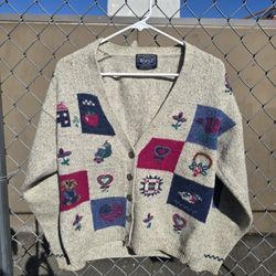 Vintage WOOLRICH Sweater Womens Small Gray Floral Bird Knit Cardigan V-Neck 90s