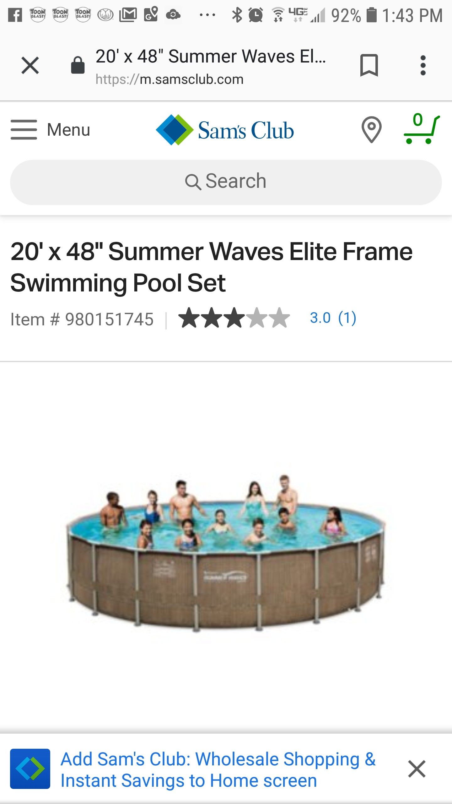 Sams Club 20' x 48" Summer Waves Elite Frame Swimming Pool Set