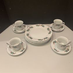 Vintage Holly Christmas Side Plates And Coffe/Cups From China 