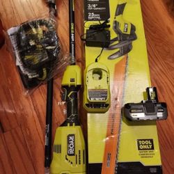 Ryobi 18V 'HP' weed wacker, hedge trimmer, battery, charger