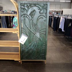 Craft Teal Carved Wood Peacock Storage Cabinet 