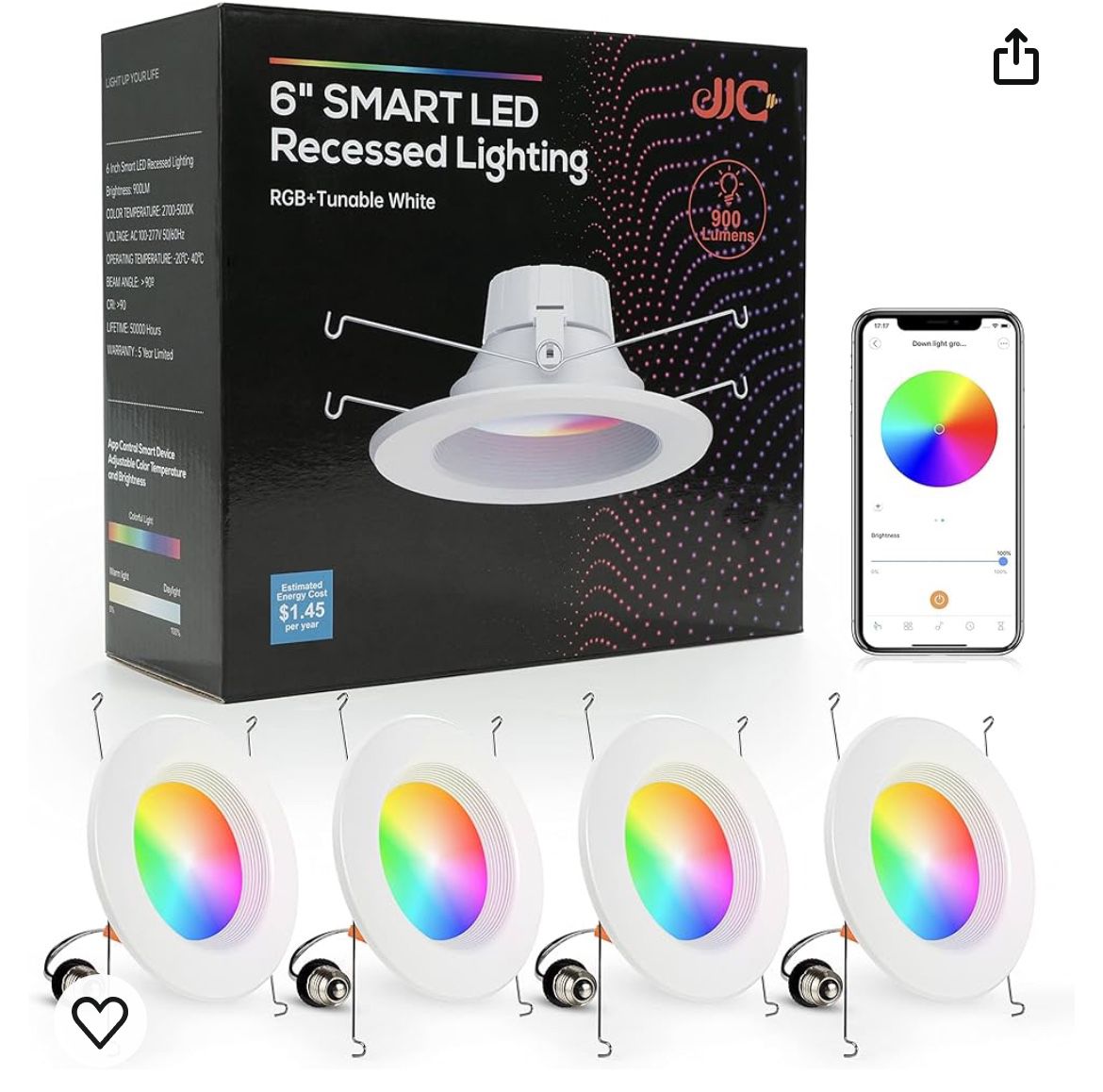 🔆🔆FOR SALE 🔆🔆  JJC 5/6 Inch Smart LED Recessed Lights, RGBWW LED Can Lights Multiple Color Changing Ceiling Light 15W 1300LM,2700K-5000K Dimmable 