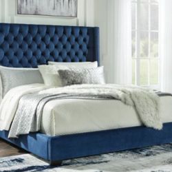 $39 down with easy financing gets this Ashley Coralayne King Upholstered Bed Frame Blue