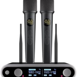 Professional 2-Channel Wireless Microphone System, UHF variable frequency with effects/ volume control Kit with 2 Handheld Dynamic Transmitter Microph