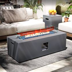 UPHA 42-inch Outdoor Propane Gas Fire Pit Table, Grey 50000 BTU Iron Rectangle Firepit with Tank Hidden Table, Wind Guard, Removable Lid, Blue Glass R