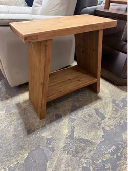 Brown Rectangle Solid Wood Side End Table with Shelf and Slanted Leg Design for Living Room, Bedroom