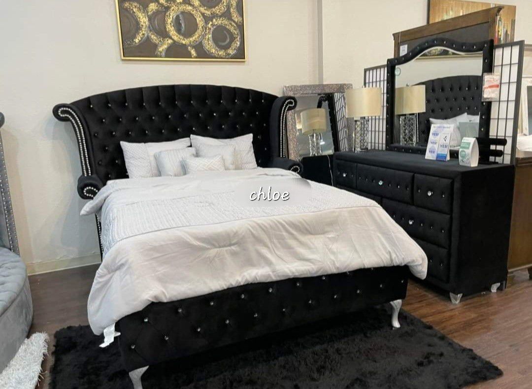 
■ASK DISCOUNT COUPOn♡ queen King full twin bed dresser mirror nightstand bunk mattress box/3pcs■dia Black Velvet Platform Bedroom Set 