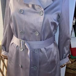 Joan Rivers Gray Satin Classic Trench Rain Coat Windbreaker Jacket LINED XS 