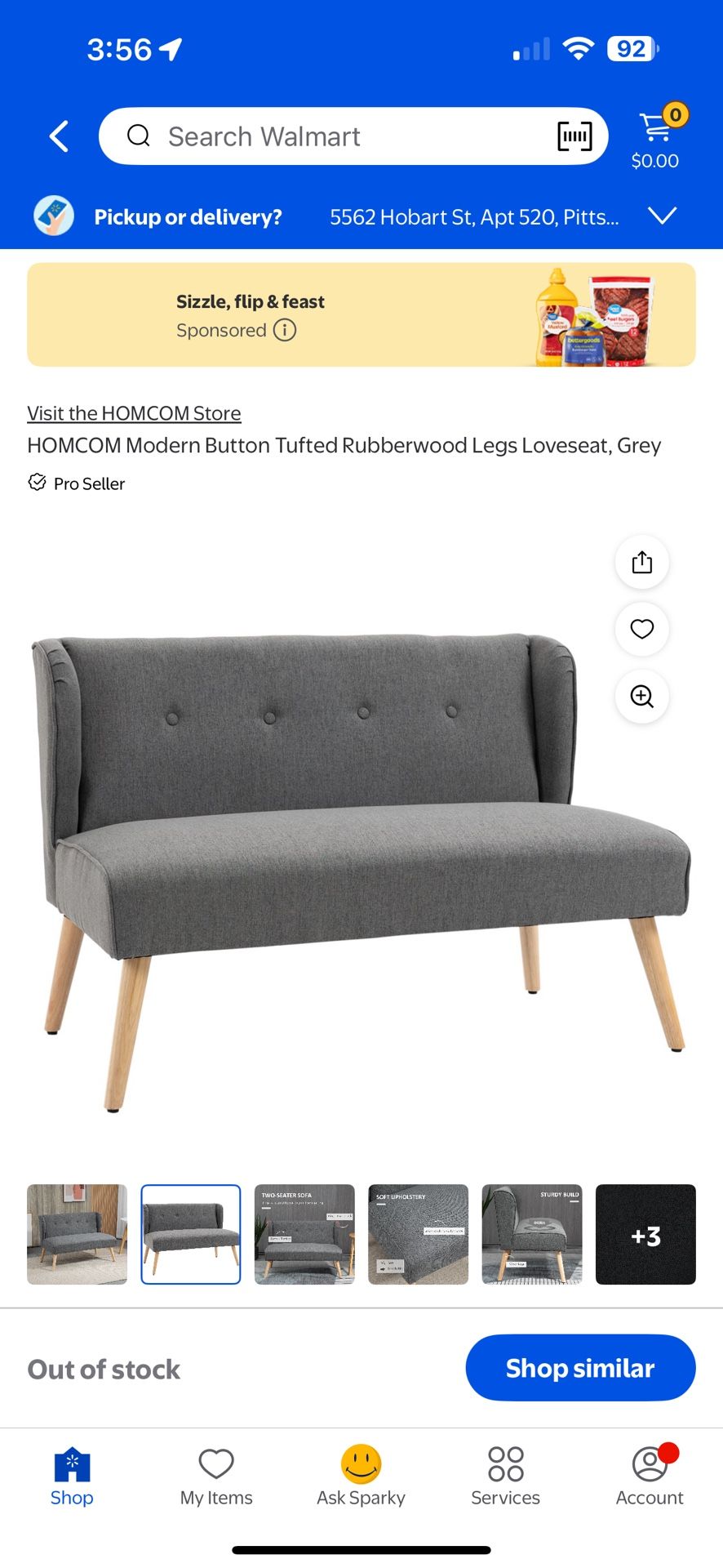 Small Loveseat Sofa. Grey Fabric
