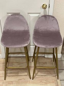 New Set of 2 Counter Height Backed Gold Pink Velvet Fabric Seat
