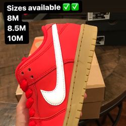 Nike SB Dunk Low University Red Gum Sizes 8M,8.5M, 10M